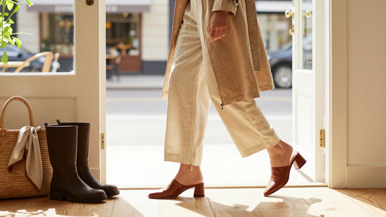 Pessoa com calça clara e casaco bege entrando em casa com sapatos marrons de salto baixo, ao lado botas pretas e bolsa de pal