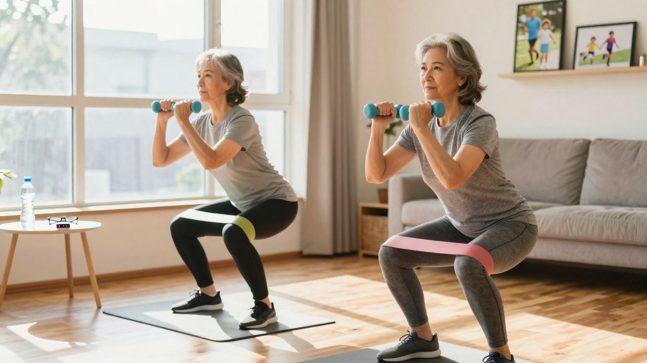 Duas mulheres maduras fazendo exercício de agachamento em tapetes na sala de estar, usando faixas elásticas e halteres.