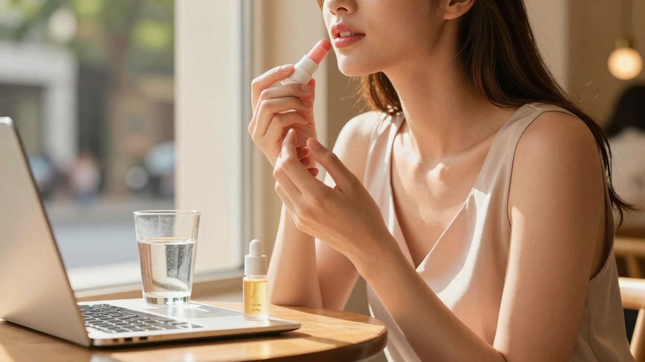 Mulher aplicando batom rosa clara sentada à mesa com laptop, vidro de água e óleo facial.