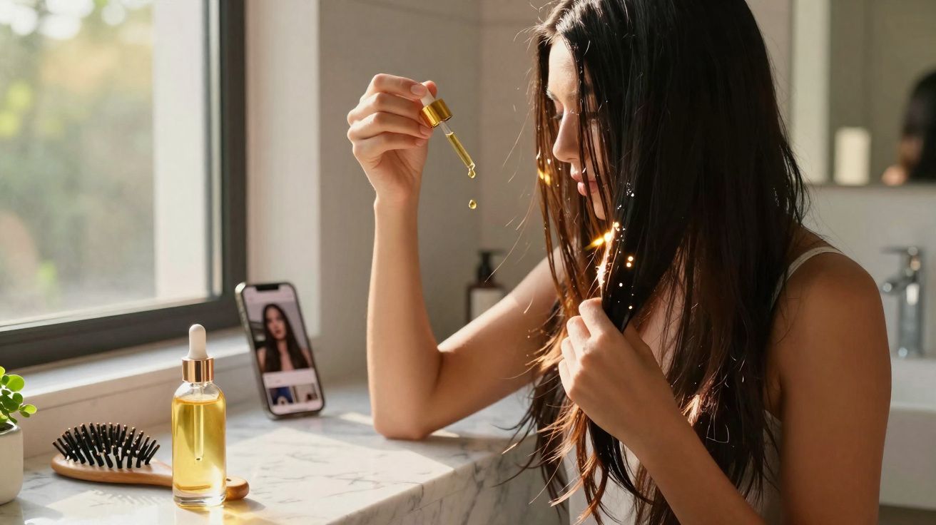 Mulher aplicando óleo capilar no cabelo em ambiente iluminado, com espelho de celular e pente ao lado.