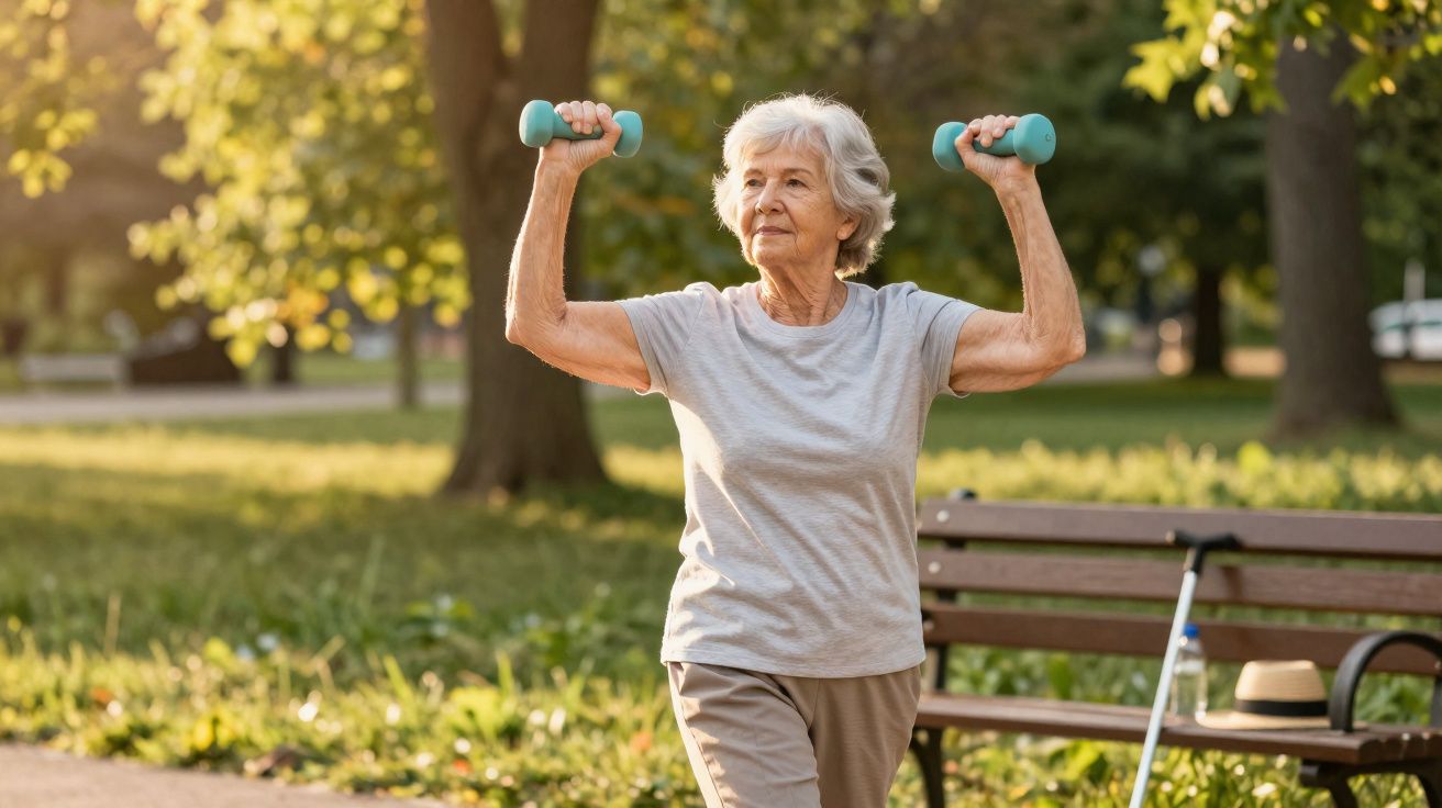 Mulher idosa fazendo exercícios com halteres verdes ao ar livre em parque ensolarado.