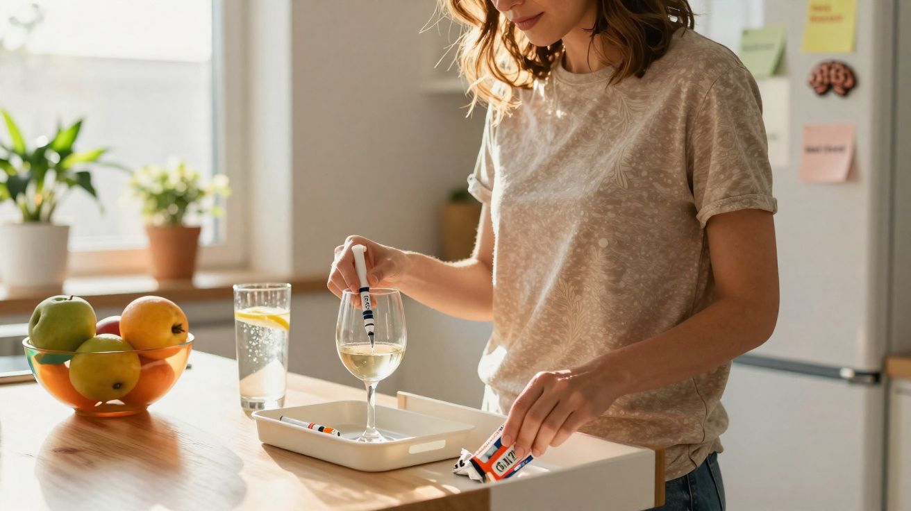 Mulher na cozinha colocando bastão de goma na borda de taça de vinho branco sobre bancada iluminada.
