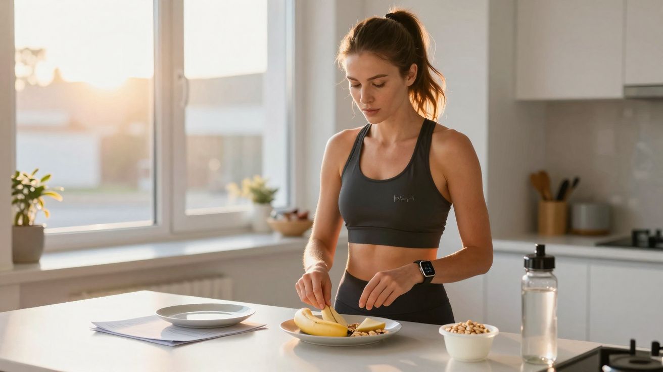 Mulher em roupa de treino preparando banana em cozinha iluminada pela luz do sol.