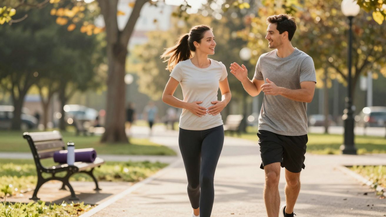 Casal correndo e conversando em parque com árvore e banco ao fundo em dia ensolarado.