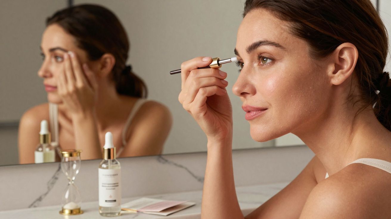 Mulher aplicando sérum facial com conta-gotas diante de espelho em banheiro moderno.
