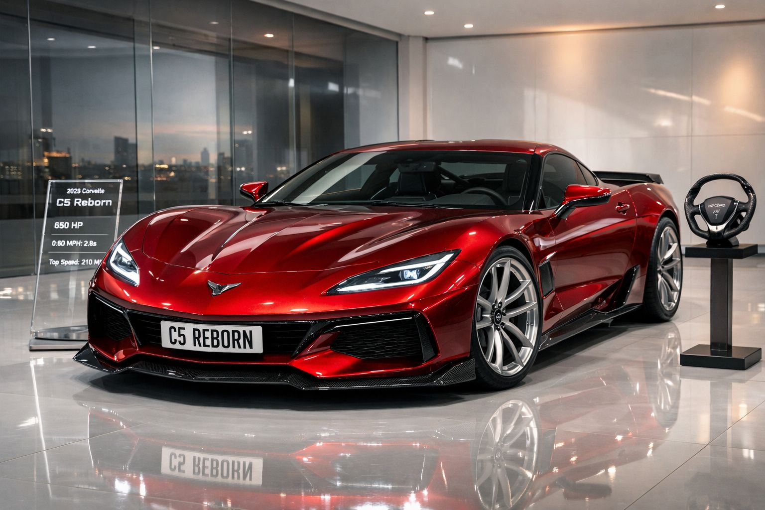 Carro esportivo vermelho Corvette C5 Reborn 2023 exposto em showroom moderno com volante ao lado.