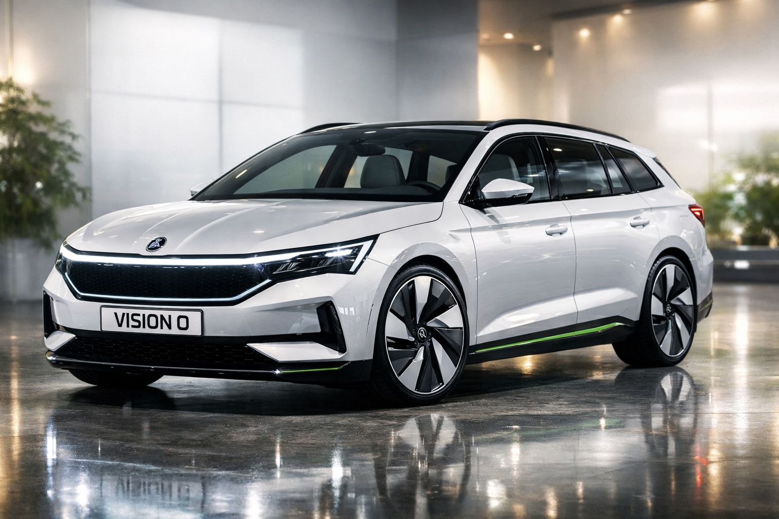 Carro elétrico branco Skoda Vision 0 estacionado em ambiente interno com piso refletivo.