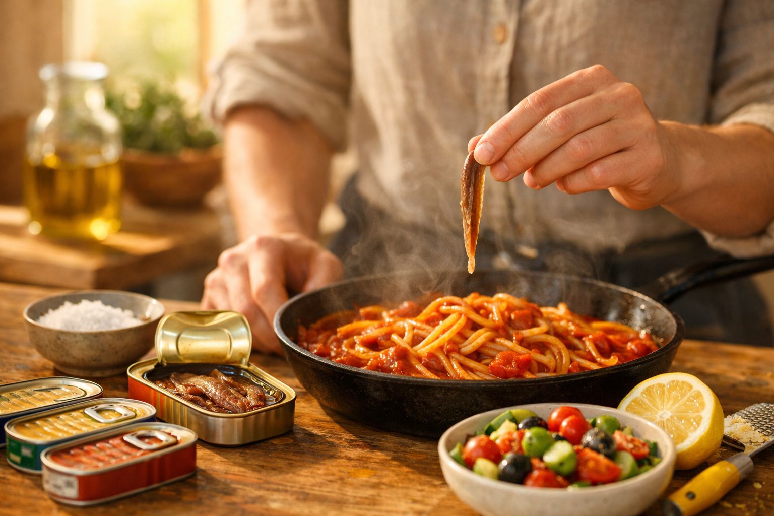 Pessoa temperando espaguete ao molho de tomate com conserva de anchovas em lata aberta sobre mesa de madeira.