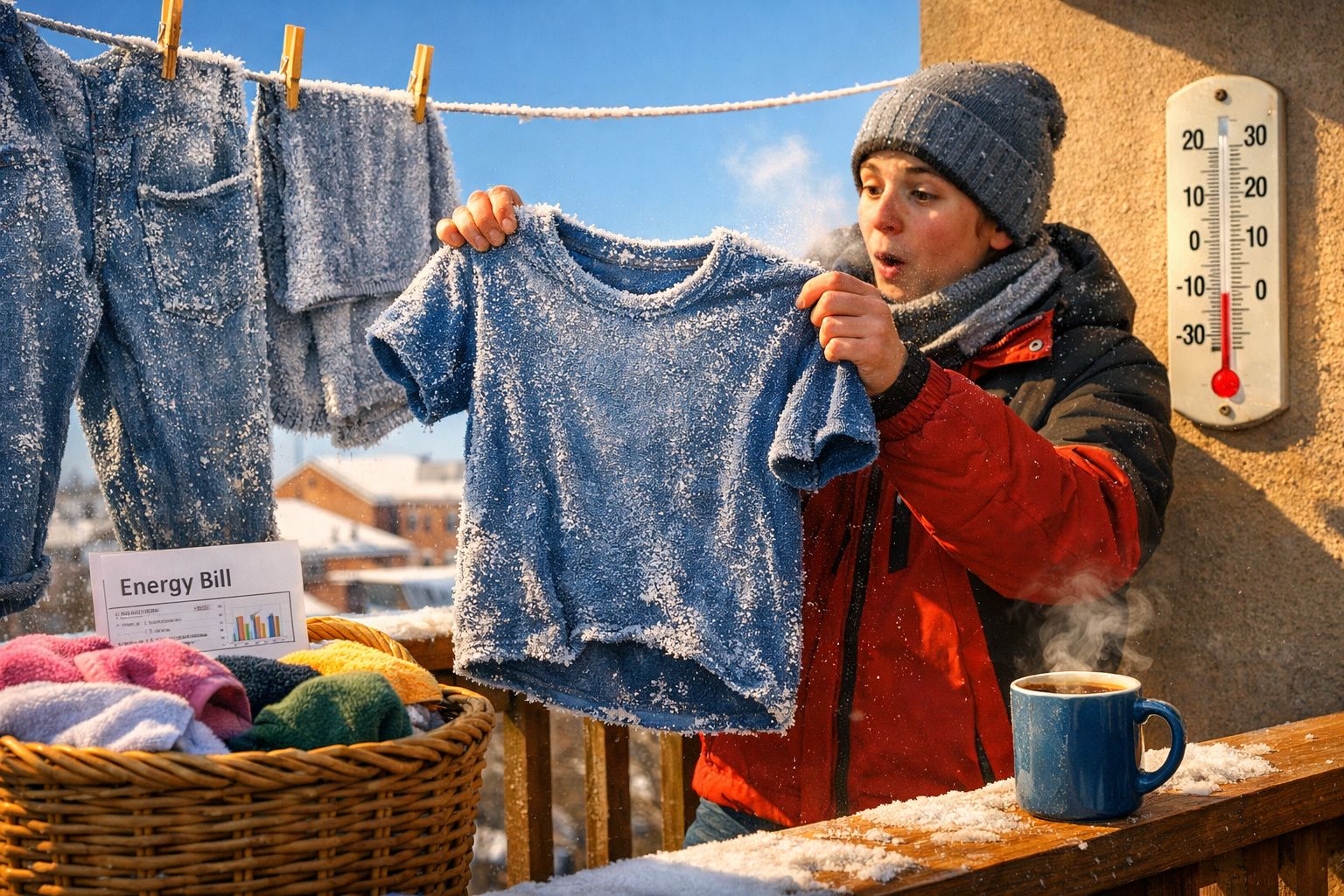 Pessoa em roupa de frio segurando camiseta congelada ao lado de cesto de roupas e termômetro marcando -12°C.