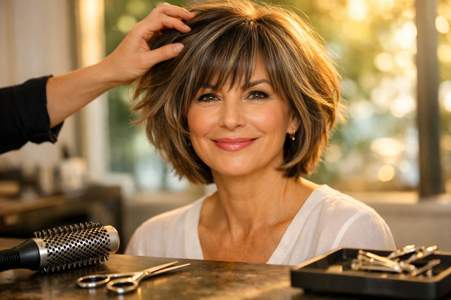 Mulher sorridente com cabelo curto sendo penteada em salão de beleza iluminado.