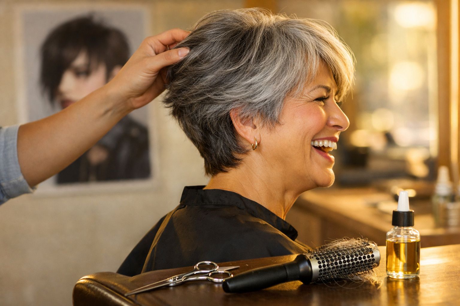 Mulher madura sorridente recebendo finalização de cabelo em salão de beleza com produtos e escova ao lado.