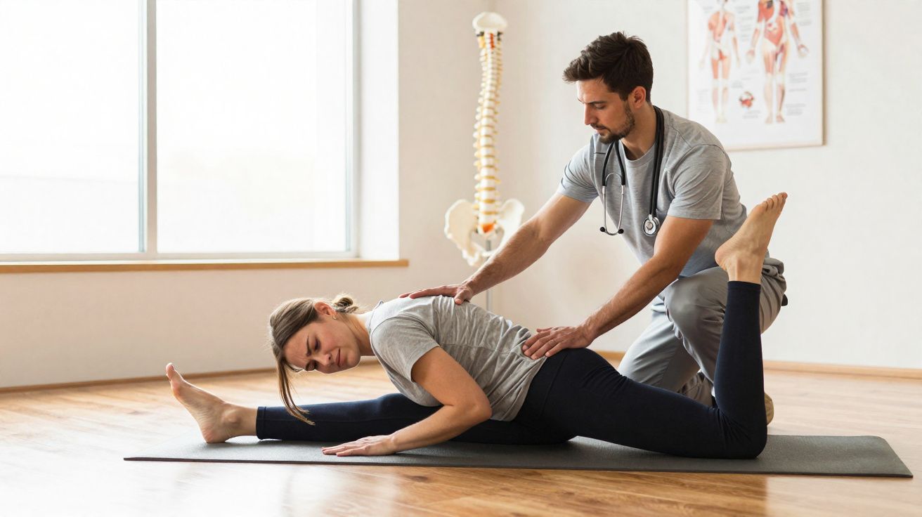 Fisioterapeuta auxiliando paciente em alongamento de perna em clínica com modelo de coluna vertebral ao fundo.