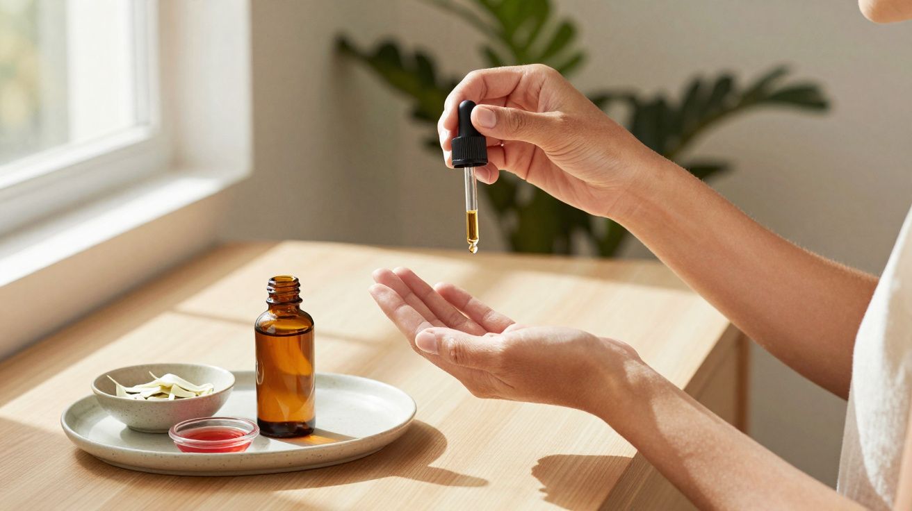 Pessoa aplicando óleo com conta-gotas na palma da mão em ambiente iluminado e aconchegante.