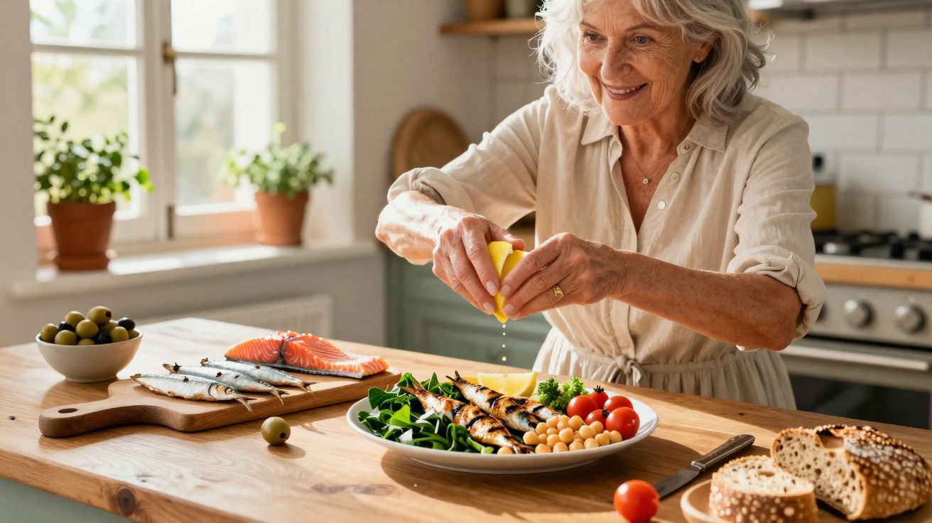 Mulher idosa espremendo limão sobre prato com salada, grão-de-bico e peixes grelhados na cozinha.