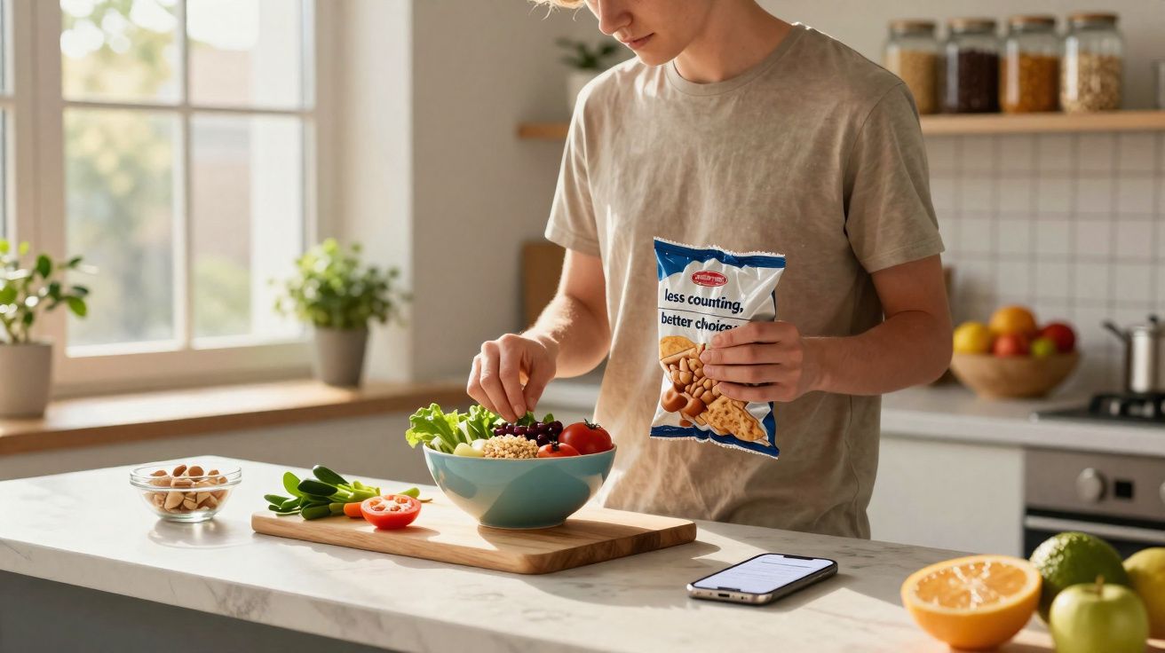 Jovem preparando salada em tigela na bancada da cozinha com embalagem de snacks na mão e celular ao lado.