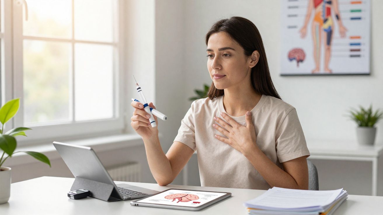 Mulher segurando caneta de insulina e fazendo teleconsulta médica em mesa com tablet e documentos.