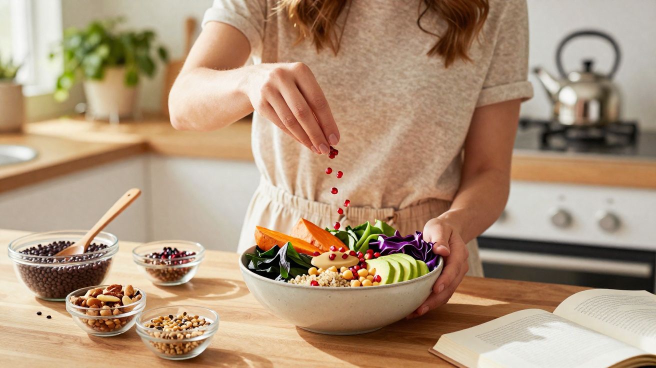 Pessoa temperando salada colorida com grãos variados em cozinha moderna e iluminada.