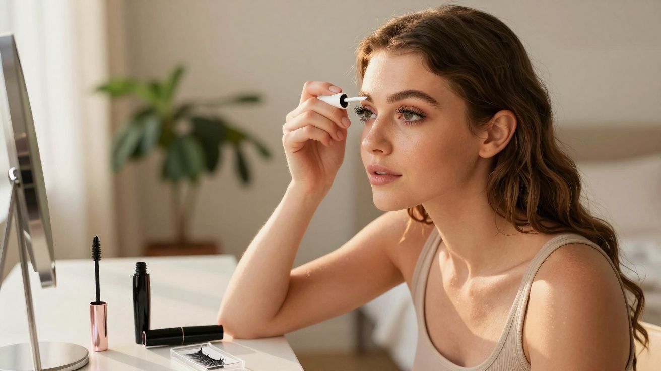 Mulher aplicando rímel nos cílios em frente ao espelho em ambiente interno iluminado.