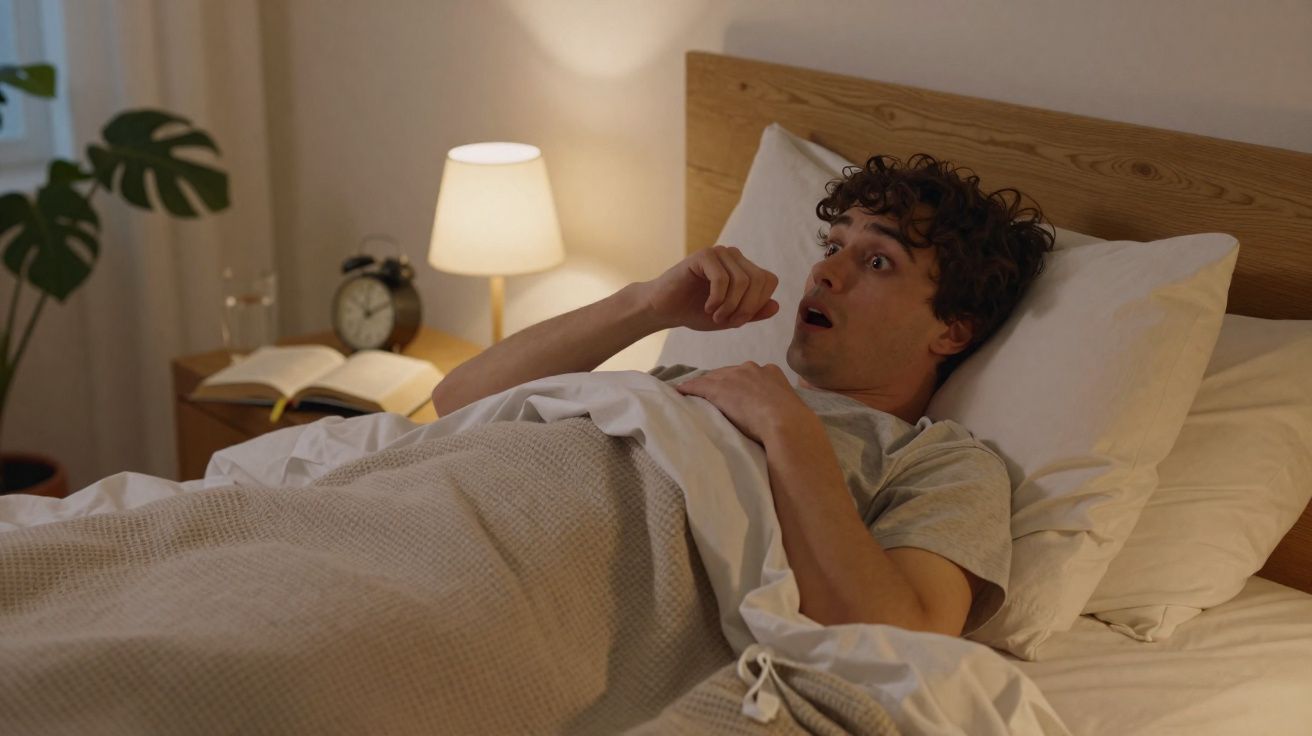 Jovem deitado na cama, com expressão de susto, em um quarto com abajur aceso e relógio na mesa ao lado.