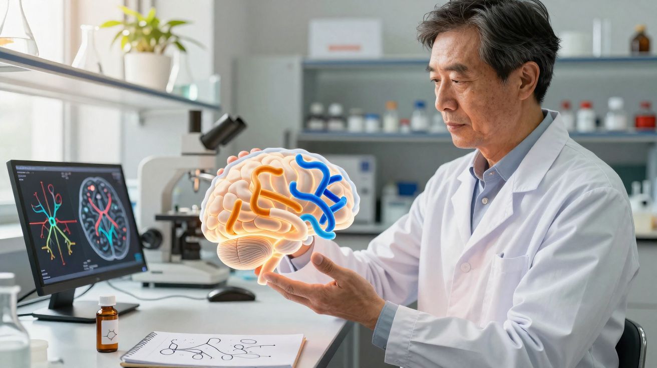 Cientista asiático em laboratório analisando modelo digital colorido do cérebro humano.