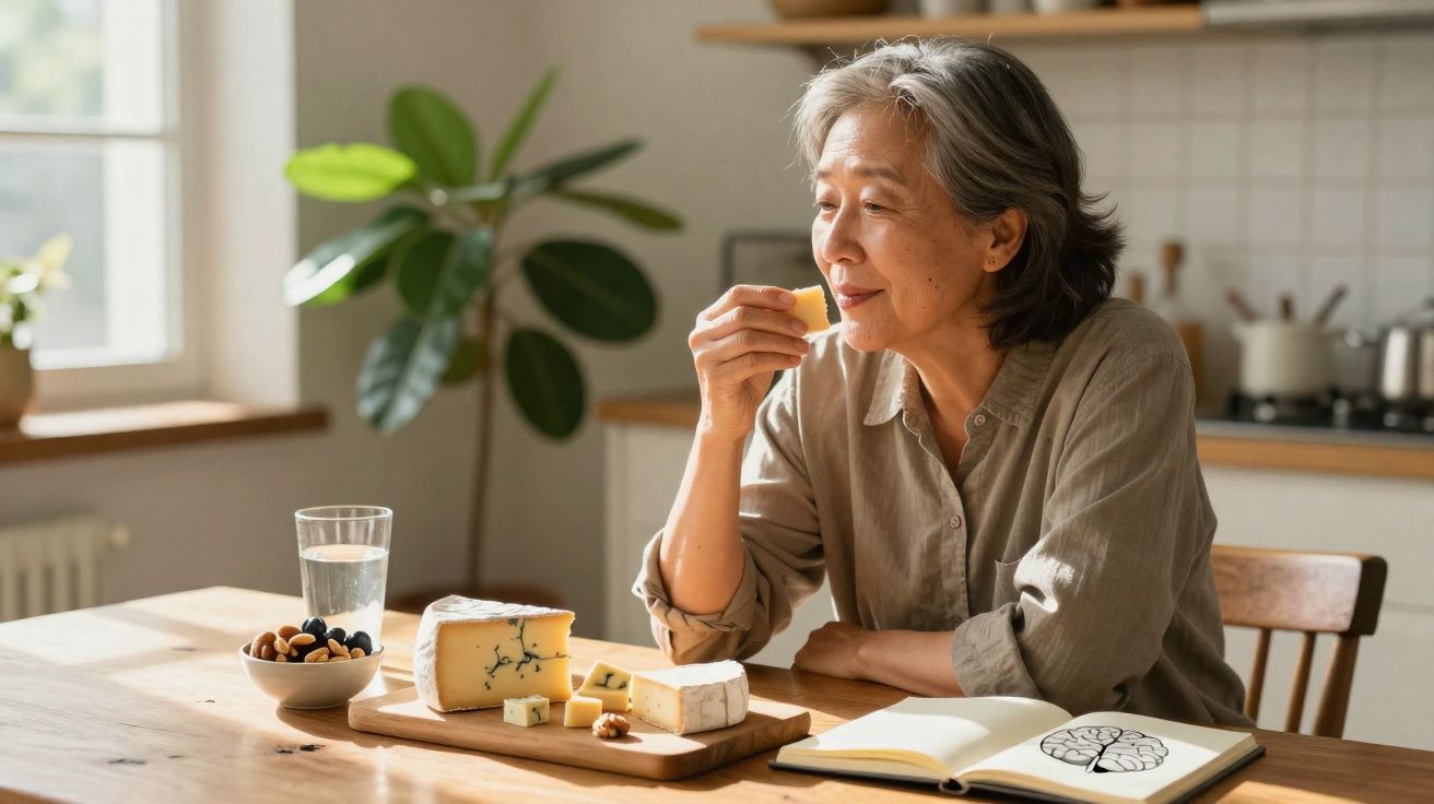 Mulher idosa saboreando queijo na cozinha com livro aberto e frutas secas sobre a mesa.