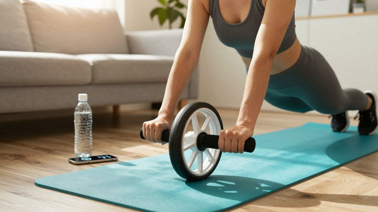 Pessoa usando roda de exercícios para fortalecimento em tapete azul na sala de estar.