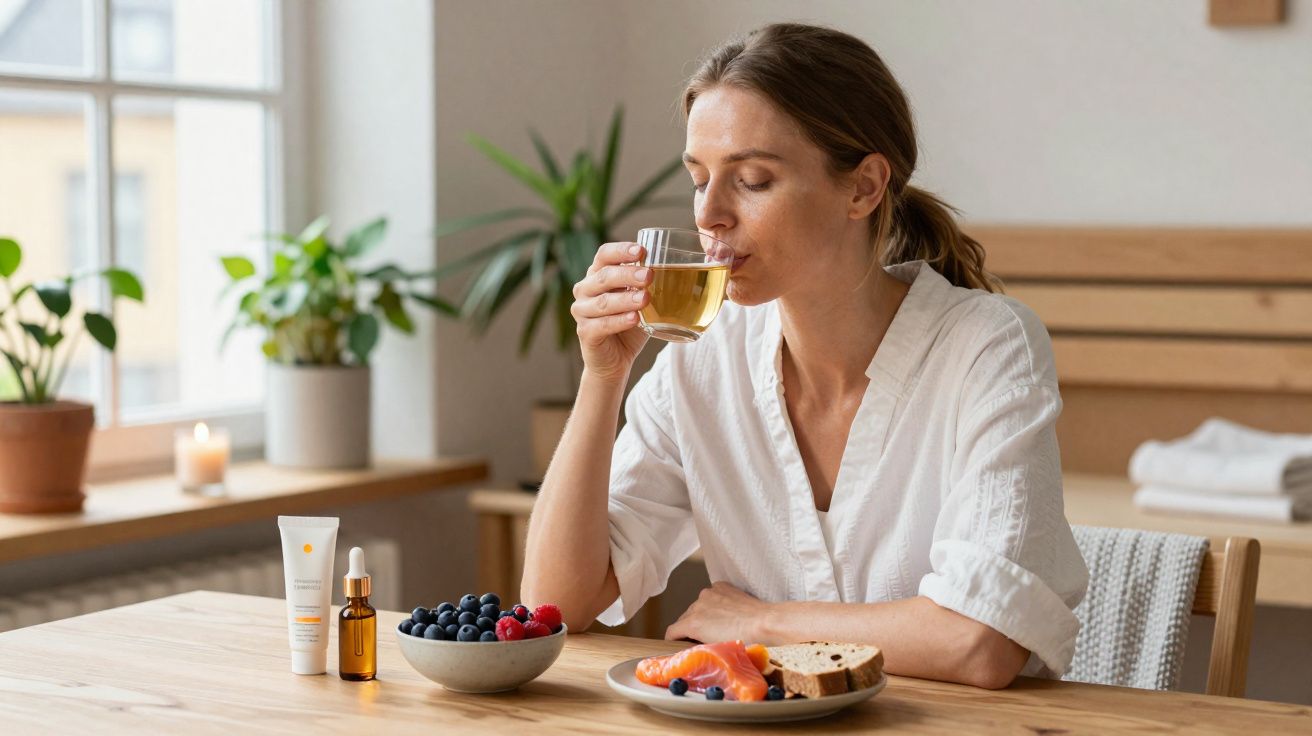 Mulher tomando chá sentada à mesa com frutas, pão, salmão e frascos de cosméticos ao lado.