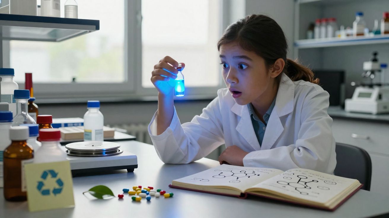 Menina com jaleco científico observando surpresa um frasco com líquido azul em laboratório.