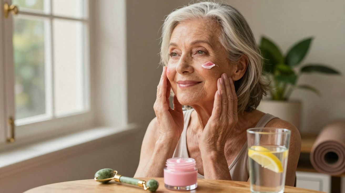 Mulher idosa aplicando creme facial rosa, sentada perto de janela com copo de água e rolo de jade na mesa.