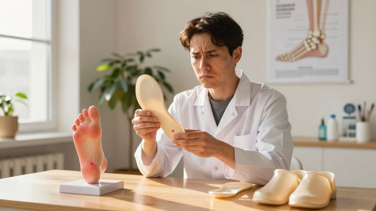 Especialista em pé analisa palmilha ortopédica ao lado de modelo de pé machucado em consultório.