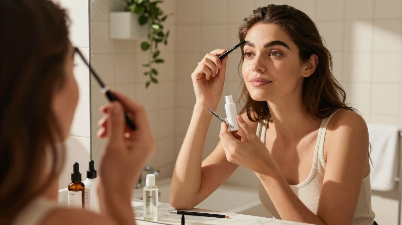 Mulher aplicando maquiagem nas sobrancelhas em frente ao espelho no banheiro, com produtos na bancada.
