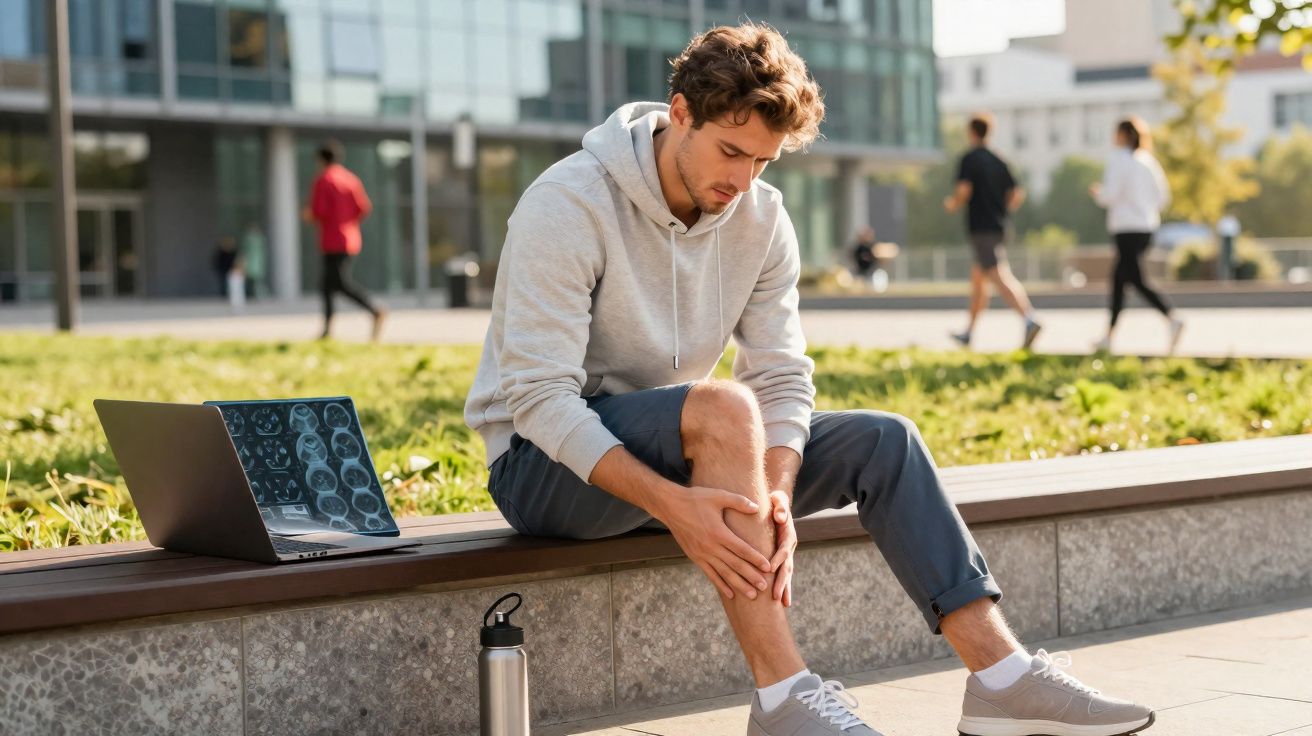 Homem sentado em banco ao ar livre segurando a perna com expressão de dor, laptop aberto ao lado.