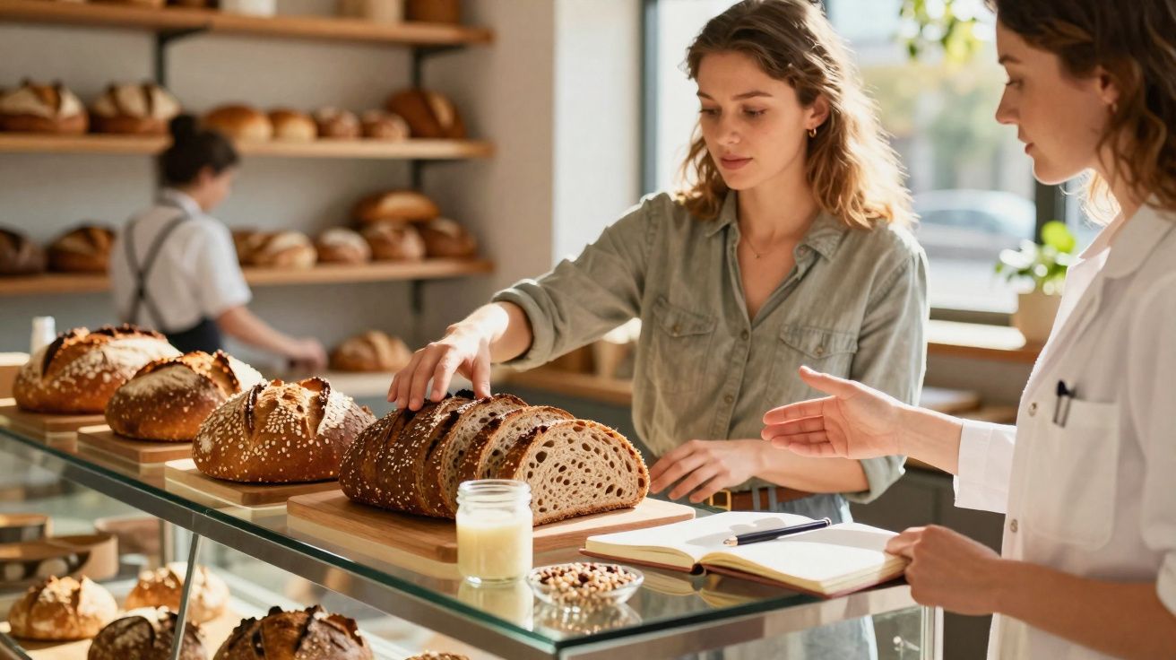Cliente escolhendo pão integral fatiado em padaria enquanto funcionária aponta e abre caderno de pedidos.