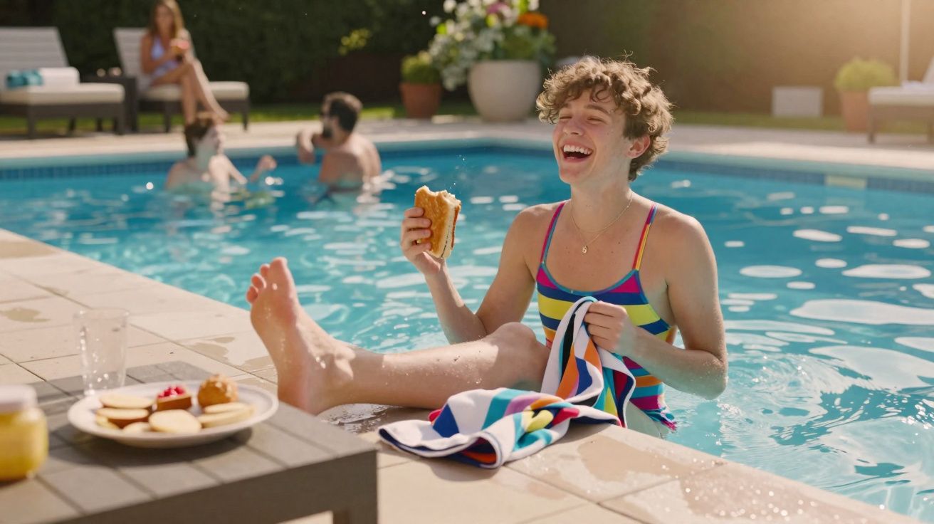 Pessoa sorridente com maiô colorido sentada à beira da piscina com sanduíche na mão em dia ensolarado.