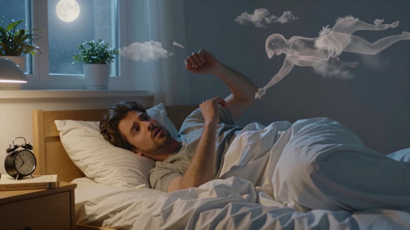 Homem acordado na cama durante a noite, contrapondo sua imagem a um espírito que se afasta voando.
