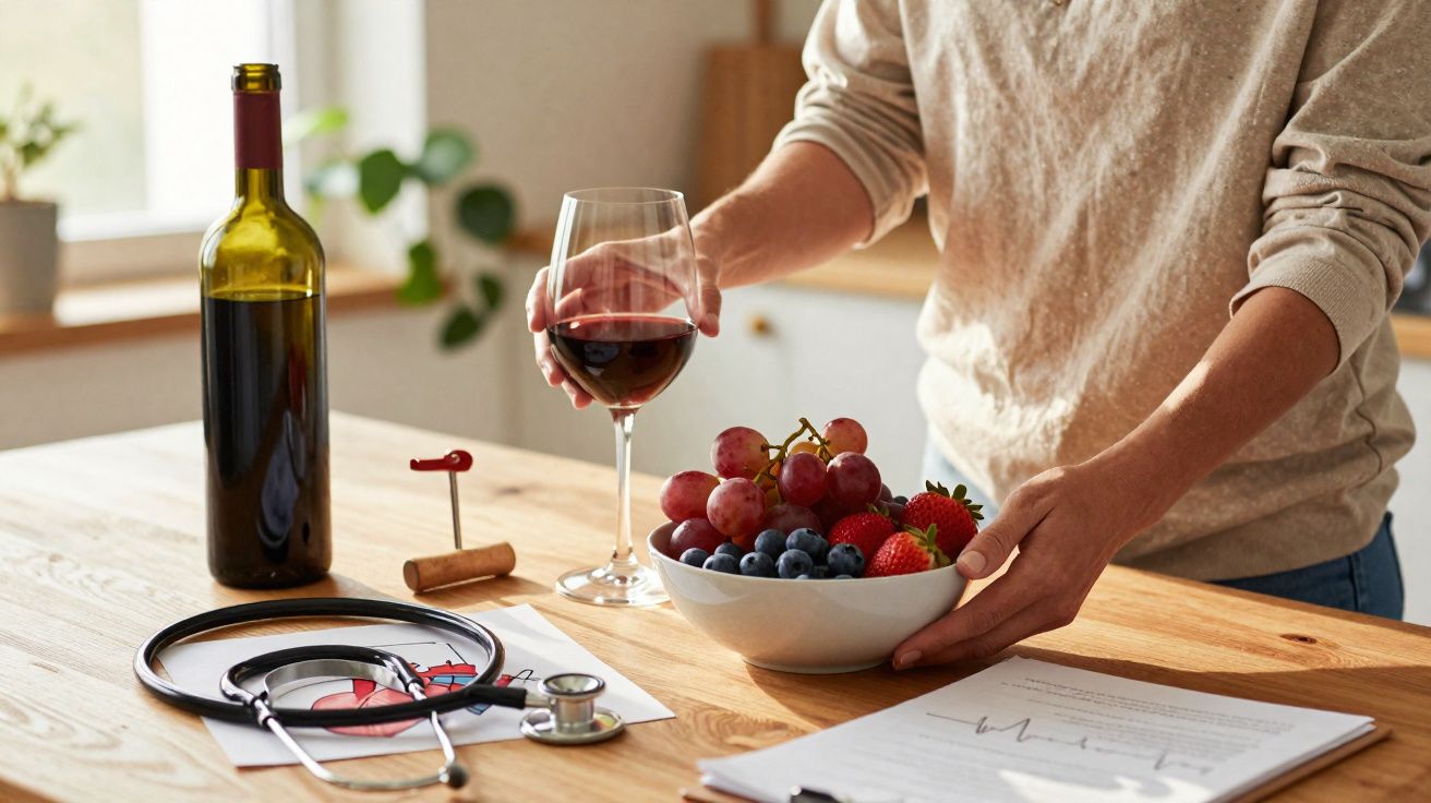 Pessoa segurando taça de vinho tinto e tigela com frutas ao lado de estetoscópio e garrafa sobre mesa.