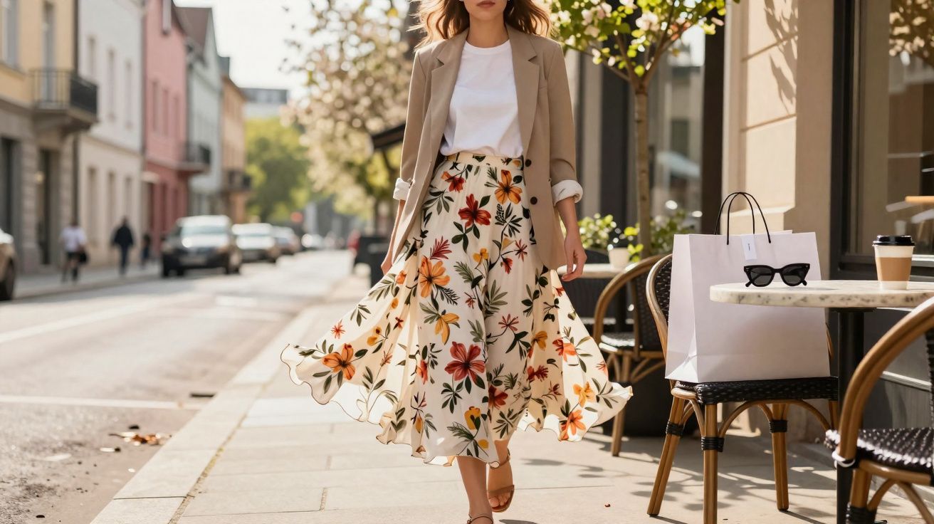 Mulher caminhando na calçada com saia floral, camiseta branca e blazer bege em dia ensolarado.