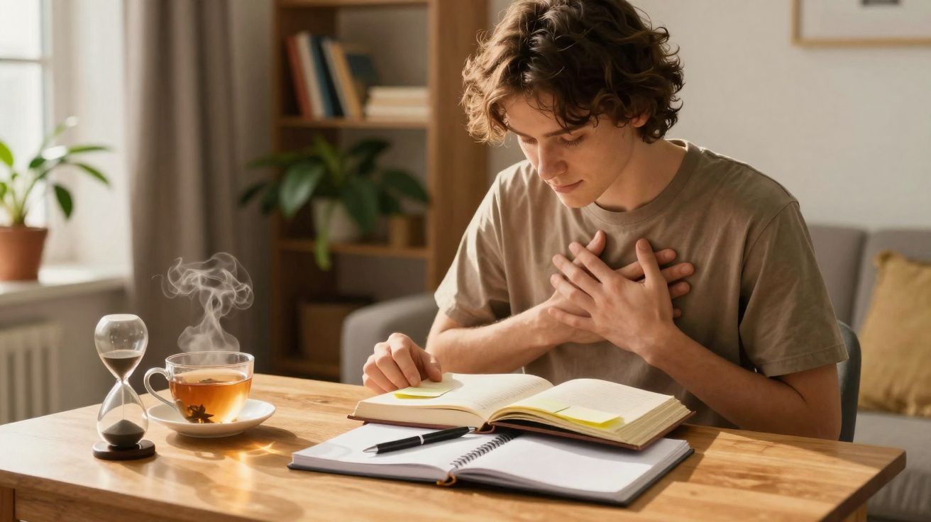 Homem sentado à mesa estudando livro, com xícara de chá quente e ampulheta ao lado.