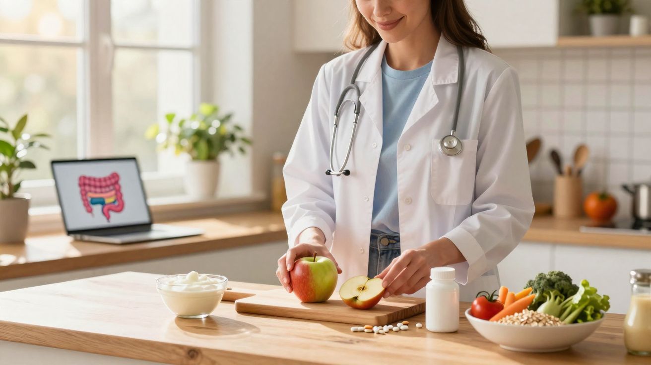 Mulher médica em jaleco cortando maçã em cozinha com alimentos saudáveis e laptop aberto.