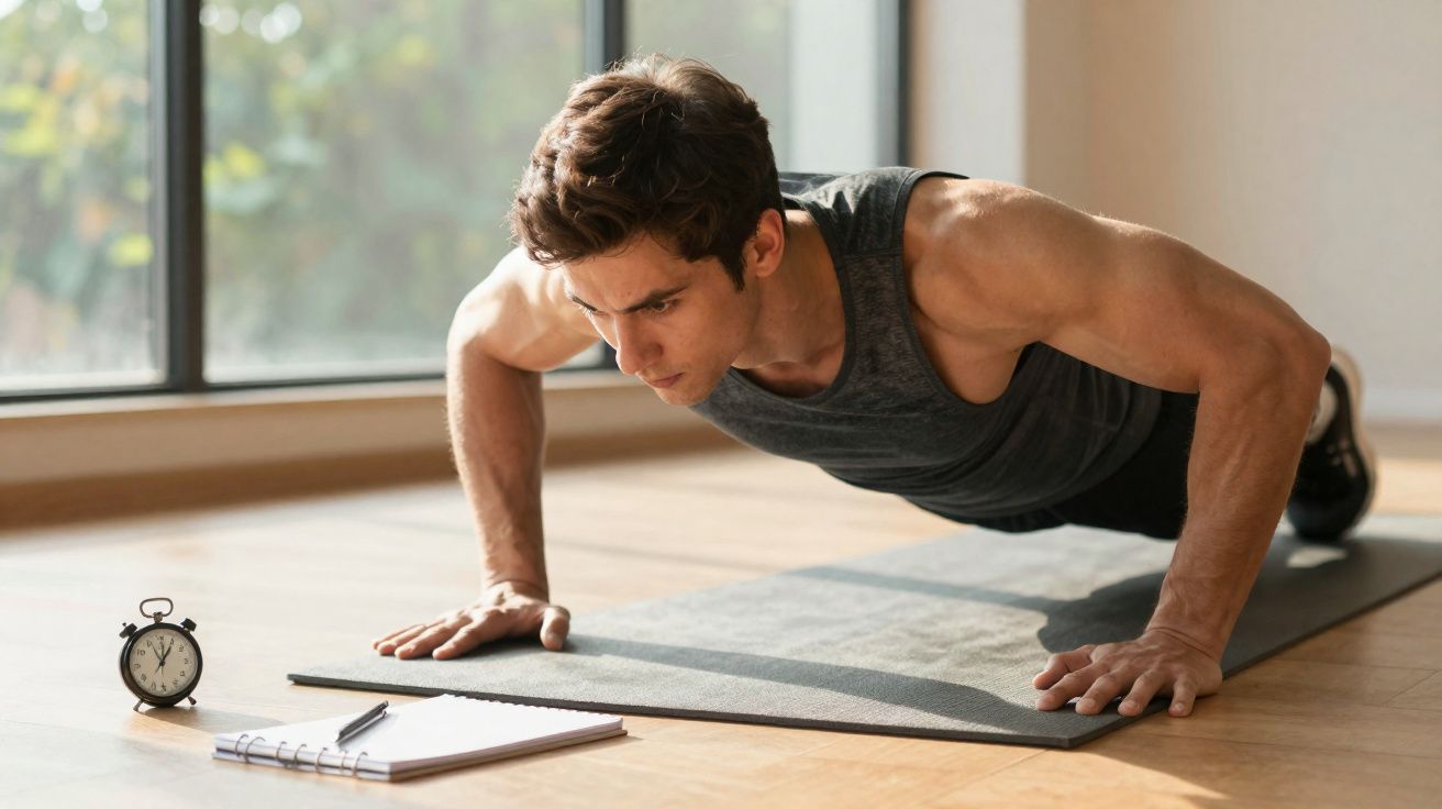 Homem fazendo flexão no chão sobre tapete, com relógio e caderno ao lado, em ambiente iluminado.
