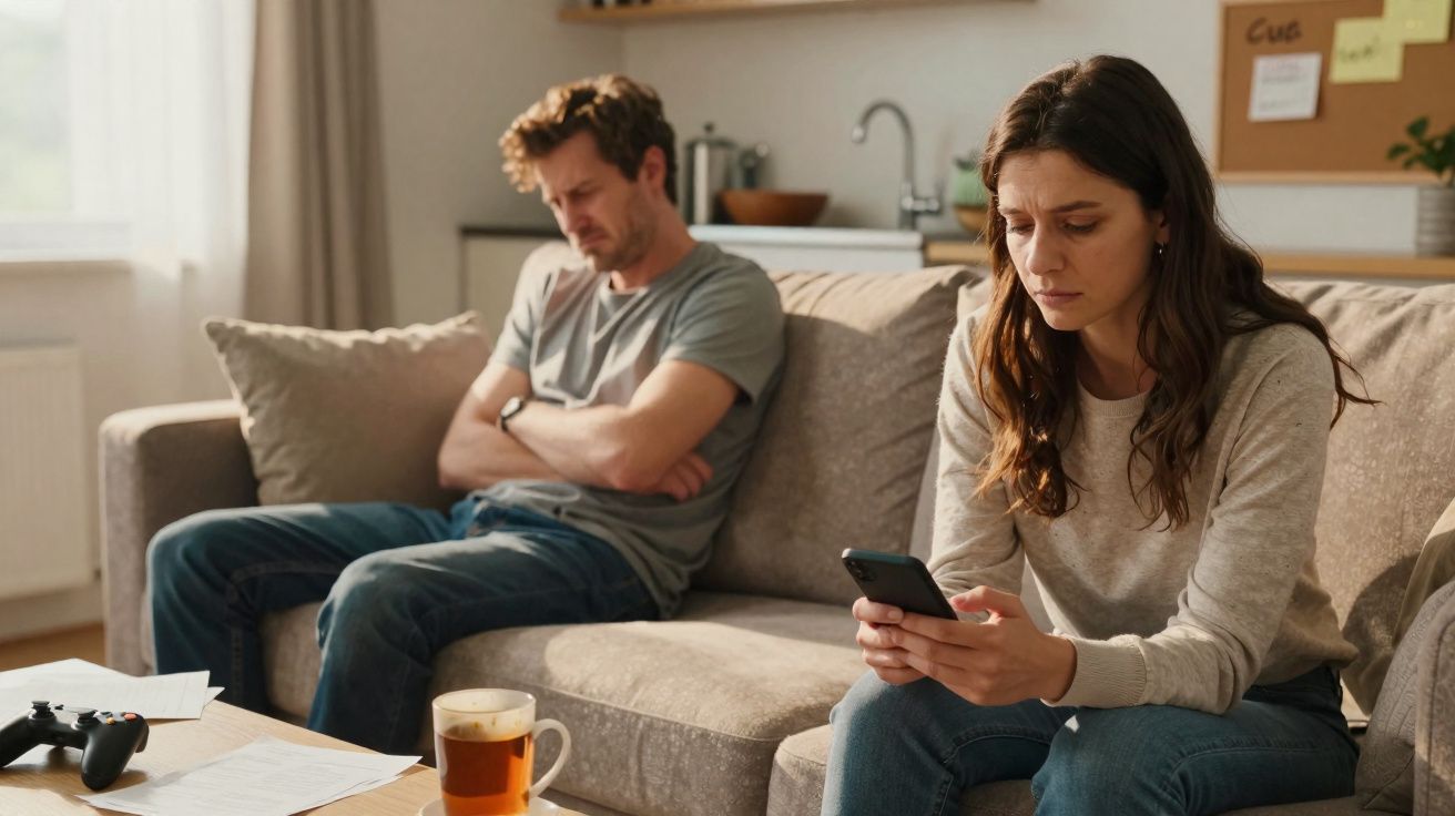 Casal sentado no sofá com expressão séria, mulher olhando para o celular e homem de braços cruzados.