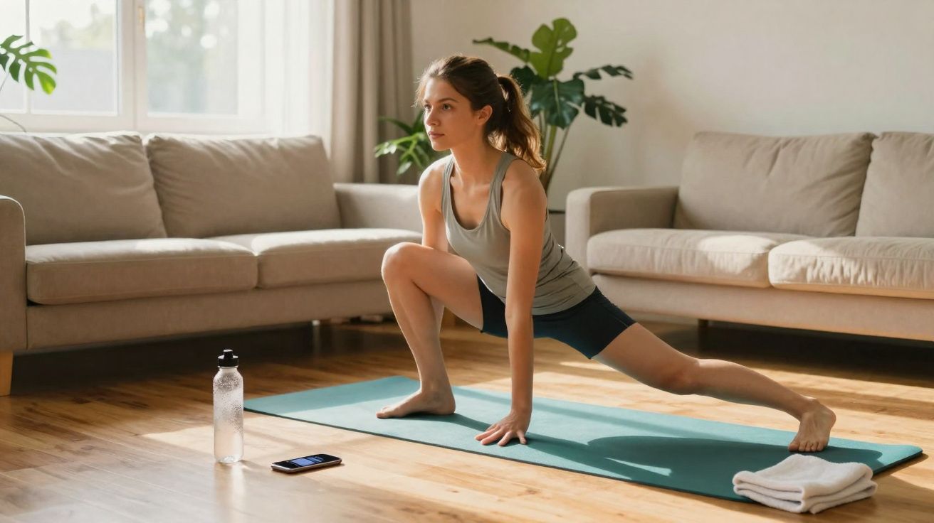 Mulher jovem fazendo alongamento em tapete de yoga na sala de estar iluminada.