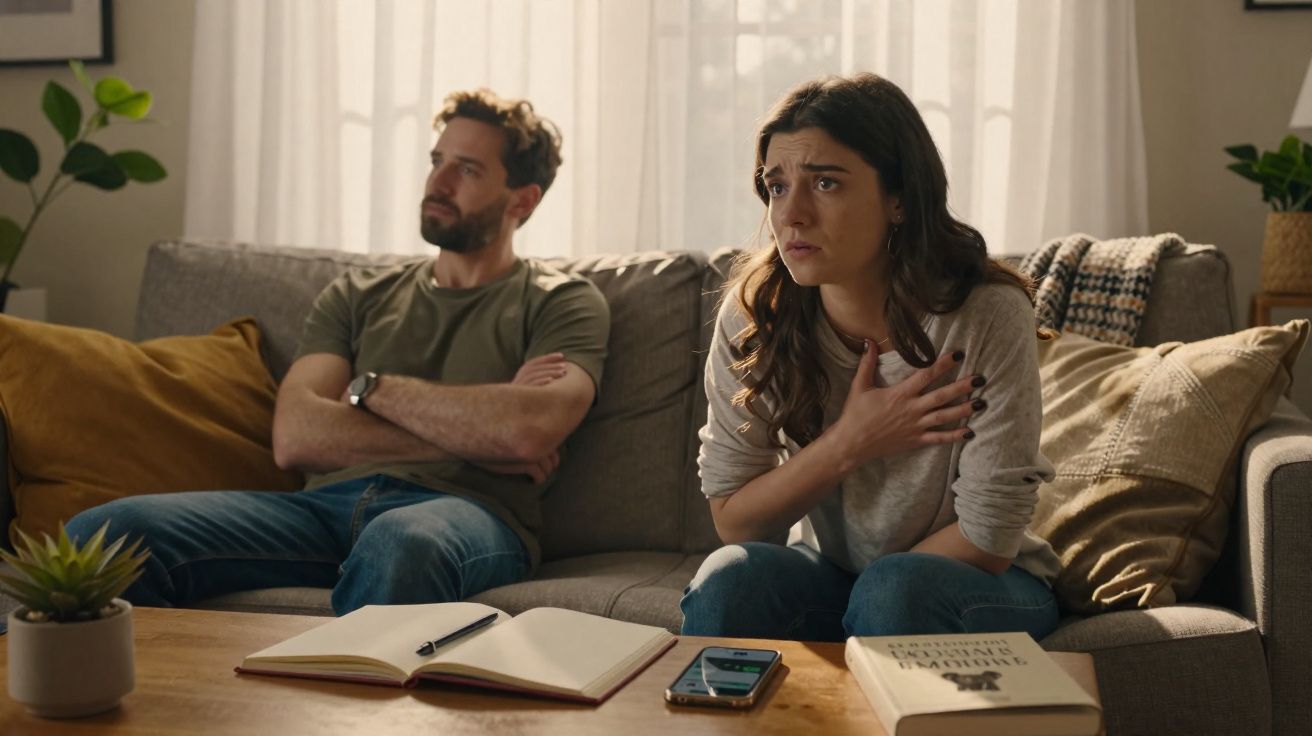 Casal sentado no sofá, mulher com expressão preocupada e homem com braços cruzados, aparentando discussão.