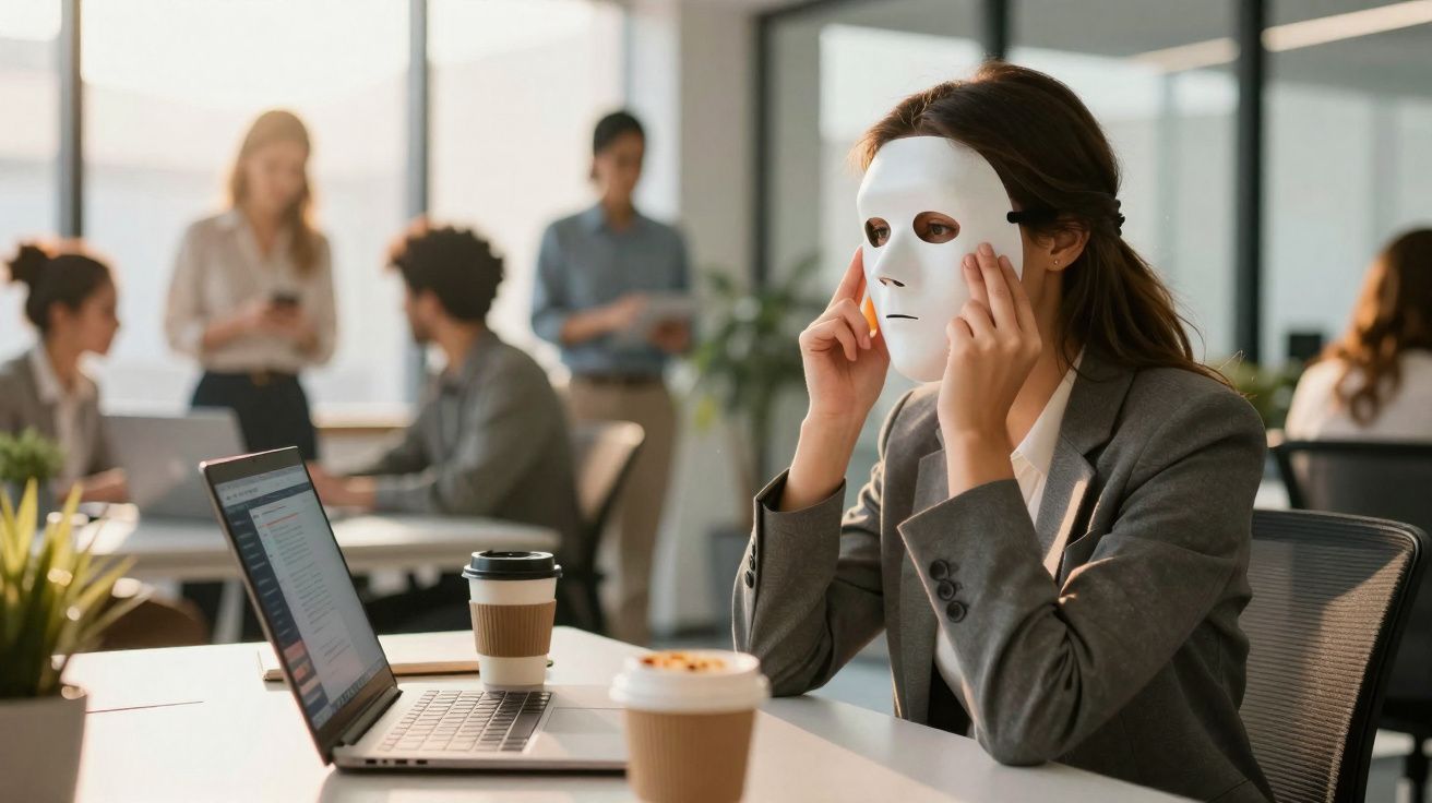 Mulher de negócios com máscara branca sentada em mesa de escritório com laptop e copos de café.