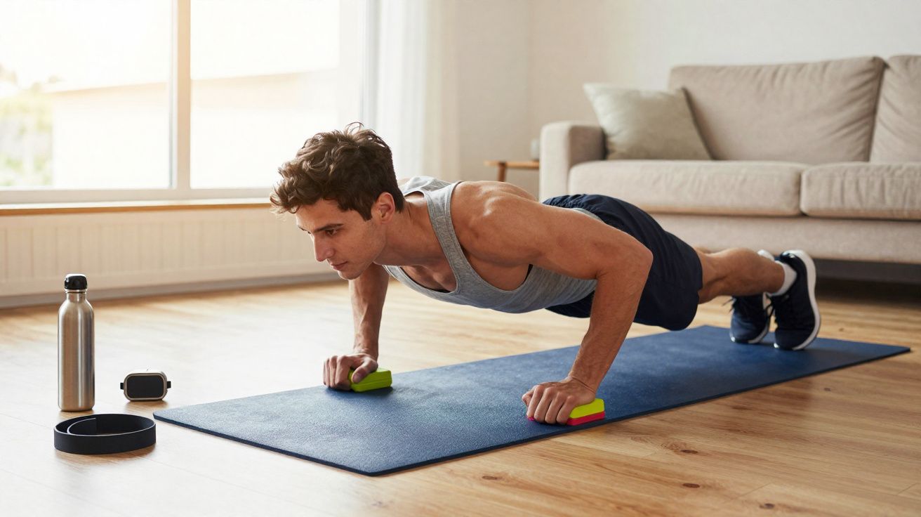 Homem faz flexão apoiado em halteres verdes e amarelos sobre tapete azul em sala iluminada.