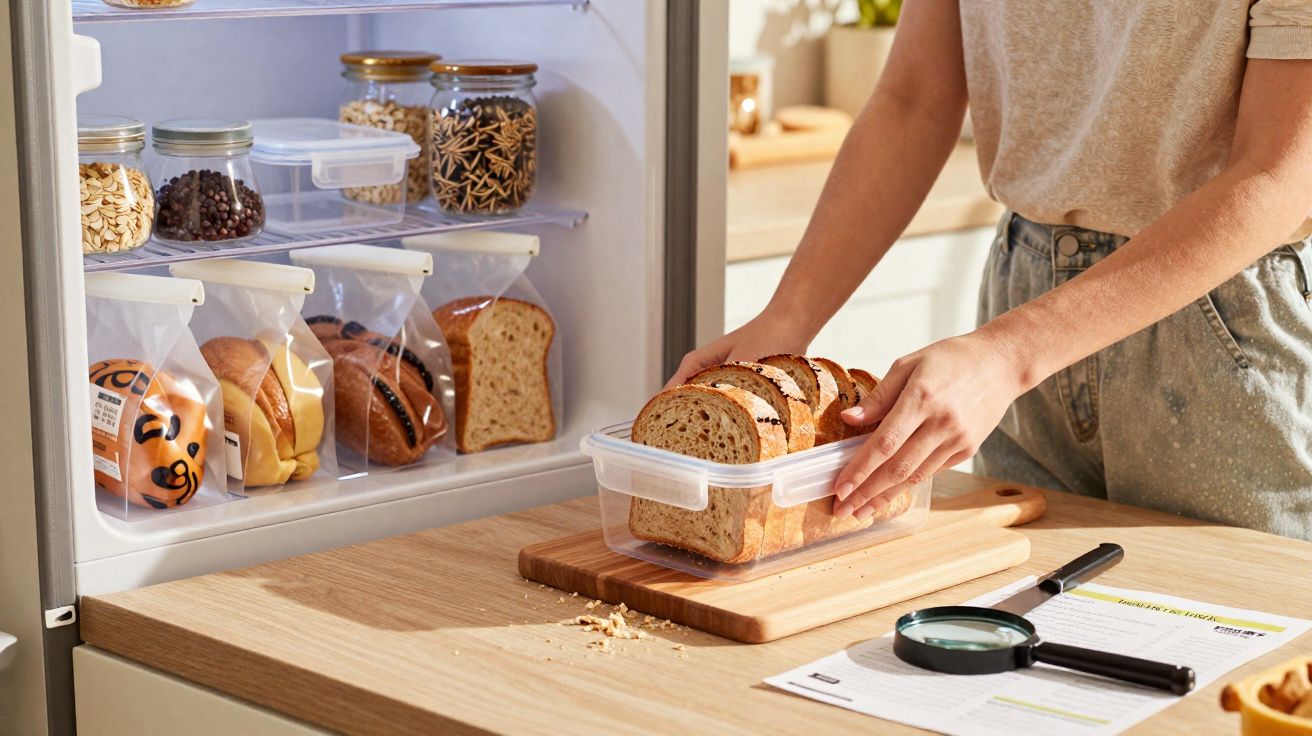Pessoa guardando fatias de pão em pote plástico na cozinha organizada com vários pães e potes no armário.