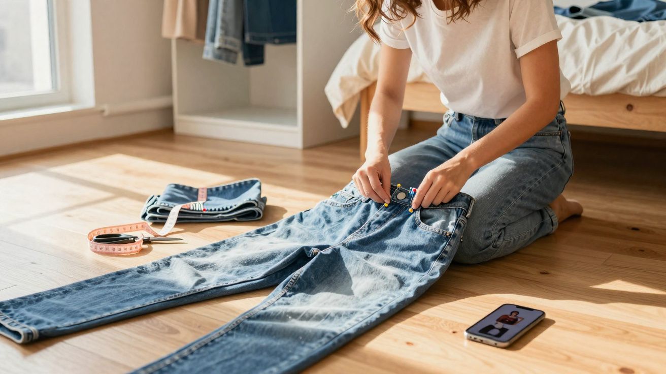 Pessoa costurando calça jeans no chão, com fita métrica e celular ao lado, em quarto iluminado.