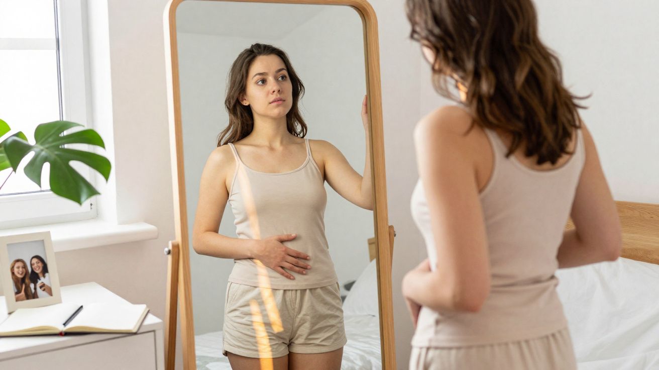 Mulher olhando o próprio reflexo no espelho, com a mão na barriga, em quarto iluminado.