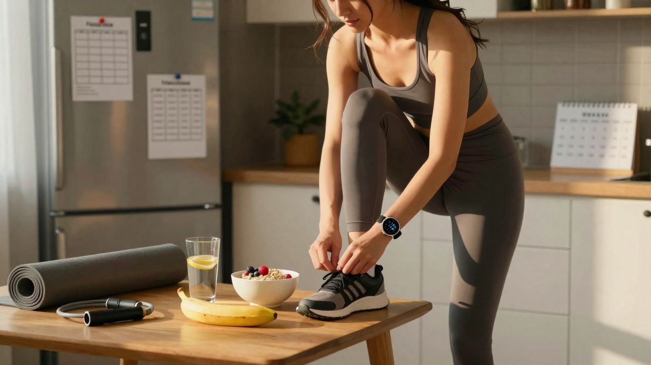 Mulher vestindo roupa fitness amarrando tênis em cozinha com frutas, água e equipamentos de exercício sobre a mesa.