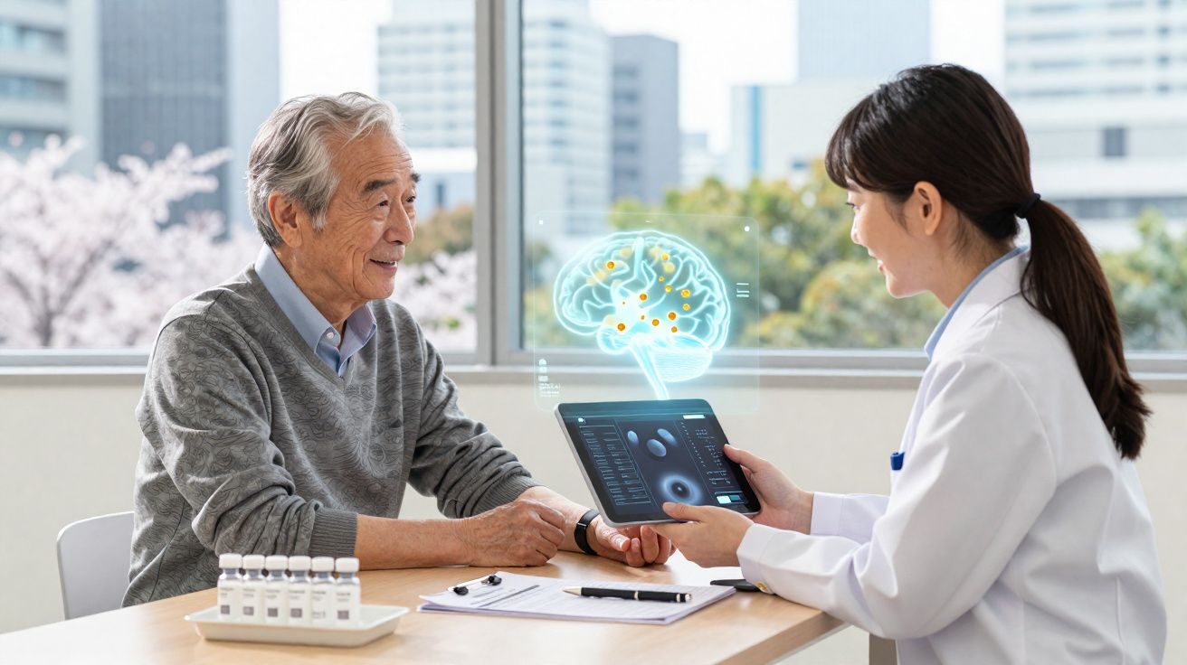Médica mostrando exame digital de cérebro para idoso durante consulta em ambiente claro e moderno.